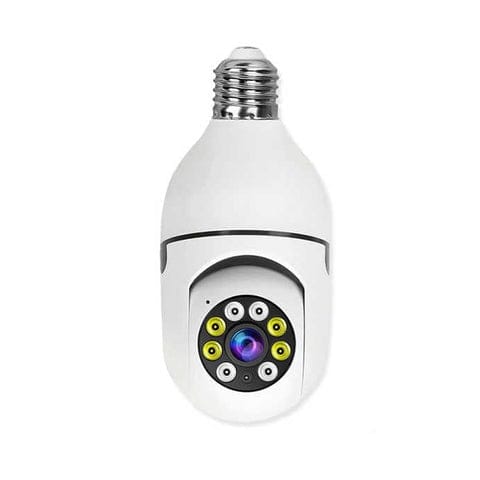 White security camera designed like a light bulb on a white background