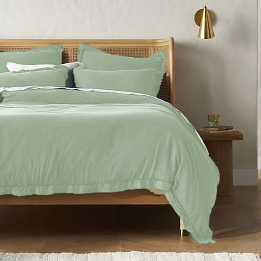 Embroidered Edge Sage Green 100% Pure Linen | Linen Cotton Mix | 3 Piece Duvet Cover Set | 4 Piece Sheet Set | Handmade | Pre-washed | Soft-0